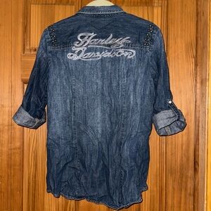 Women’s Harley-Davidson Denim snap button up Shirt SMALL embroidered Jean top